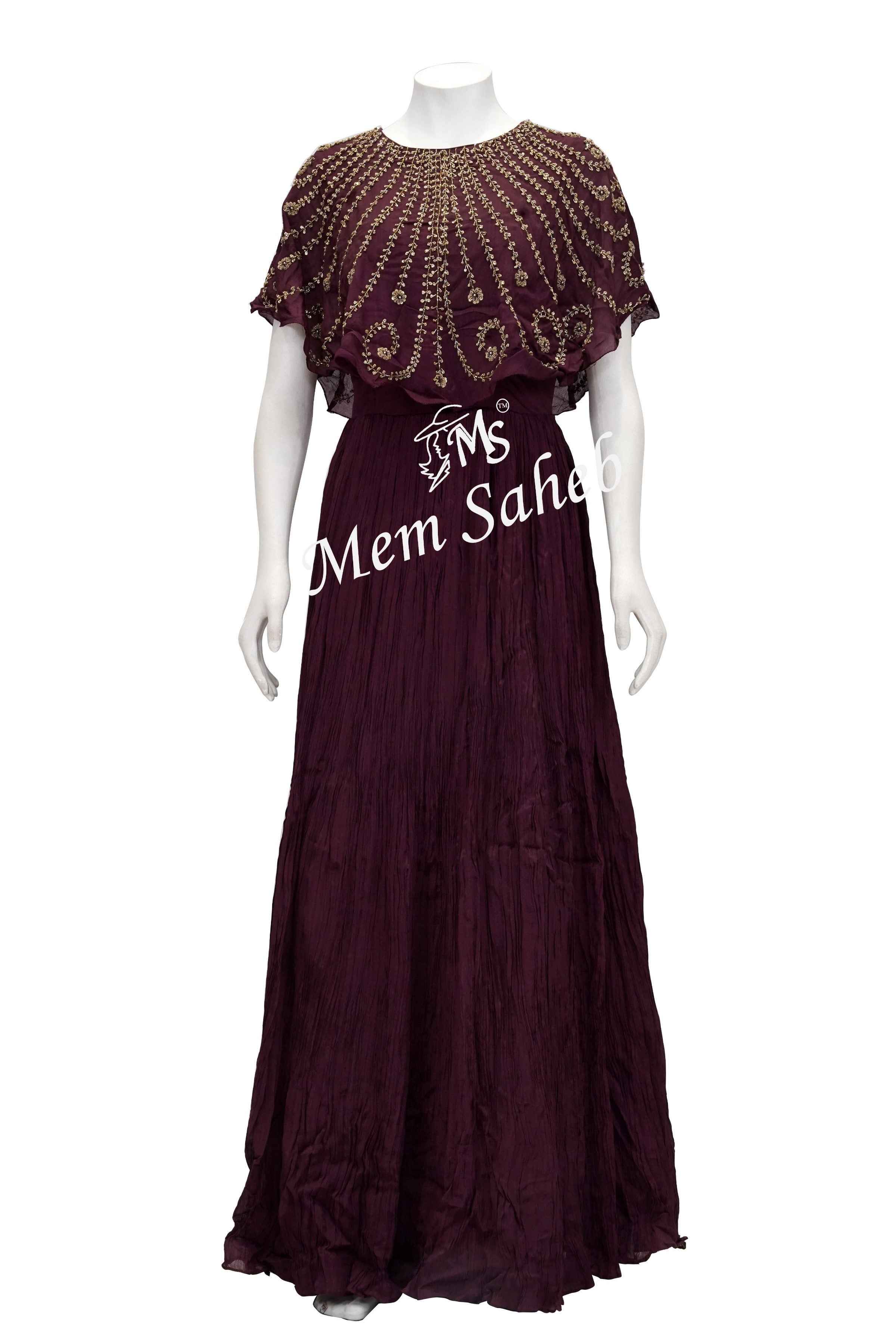 Anarkali Wine Floor Length Chinnon Evening Dress with Cape - MemSaheb Anarkali Wine Floor Length Chinnon Evening Dress with Cape - MemSaheb
