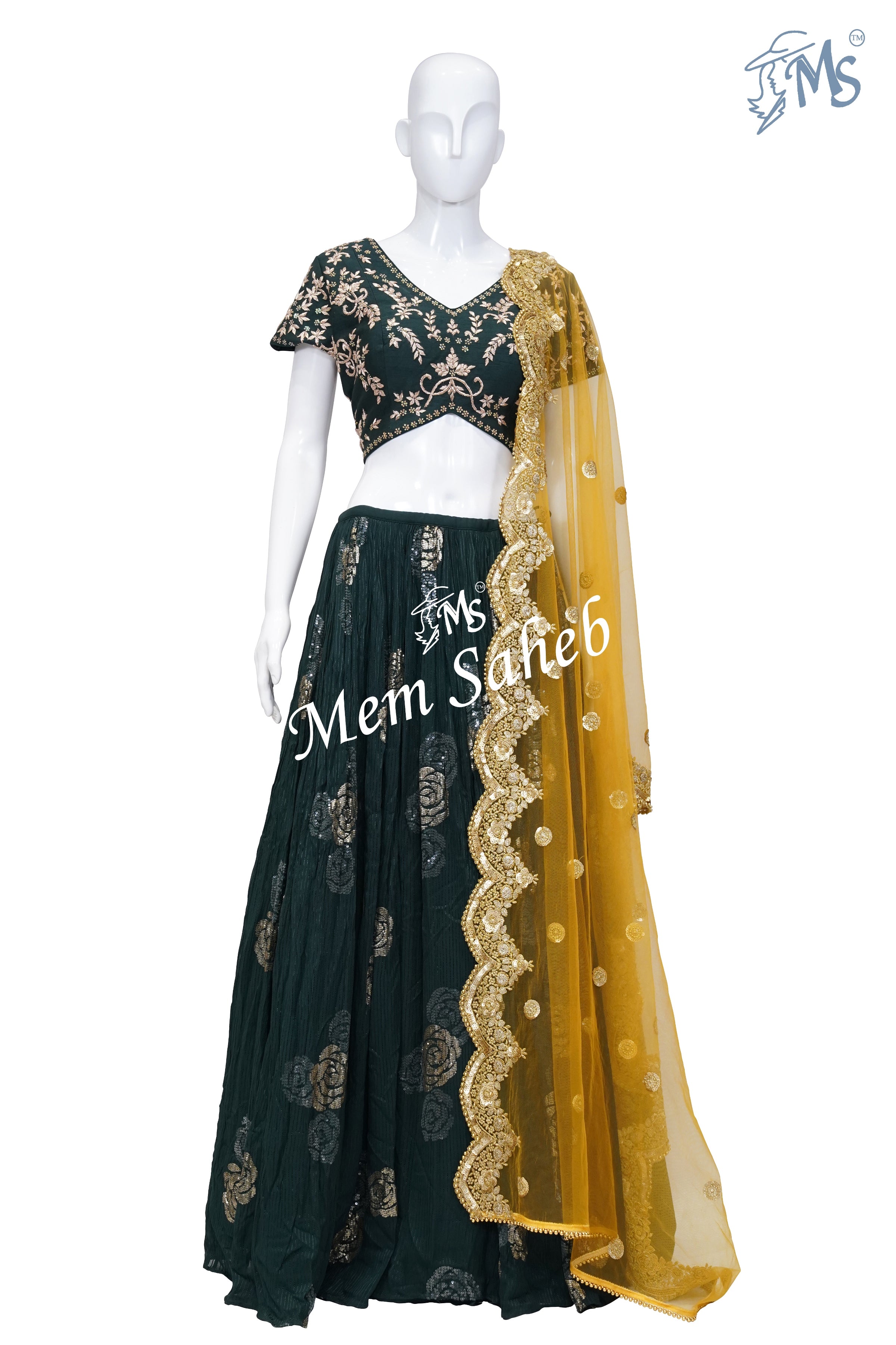 Crop Skirt Bottle Green Rawsilk Blouse Contrast Dupatta and Sequin Ski - MemSaheb Crop Skirt Bottle Green Rawsilk Blouse Contrast Dupatta and Sequin Ski - MemSaheb