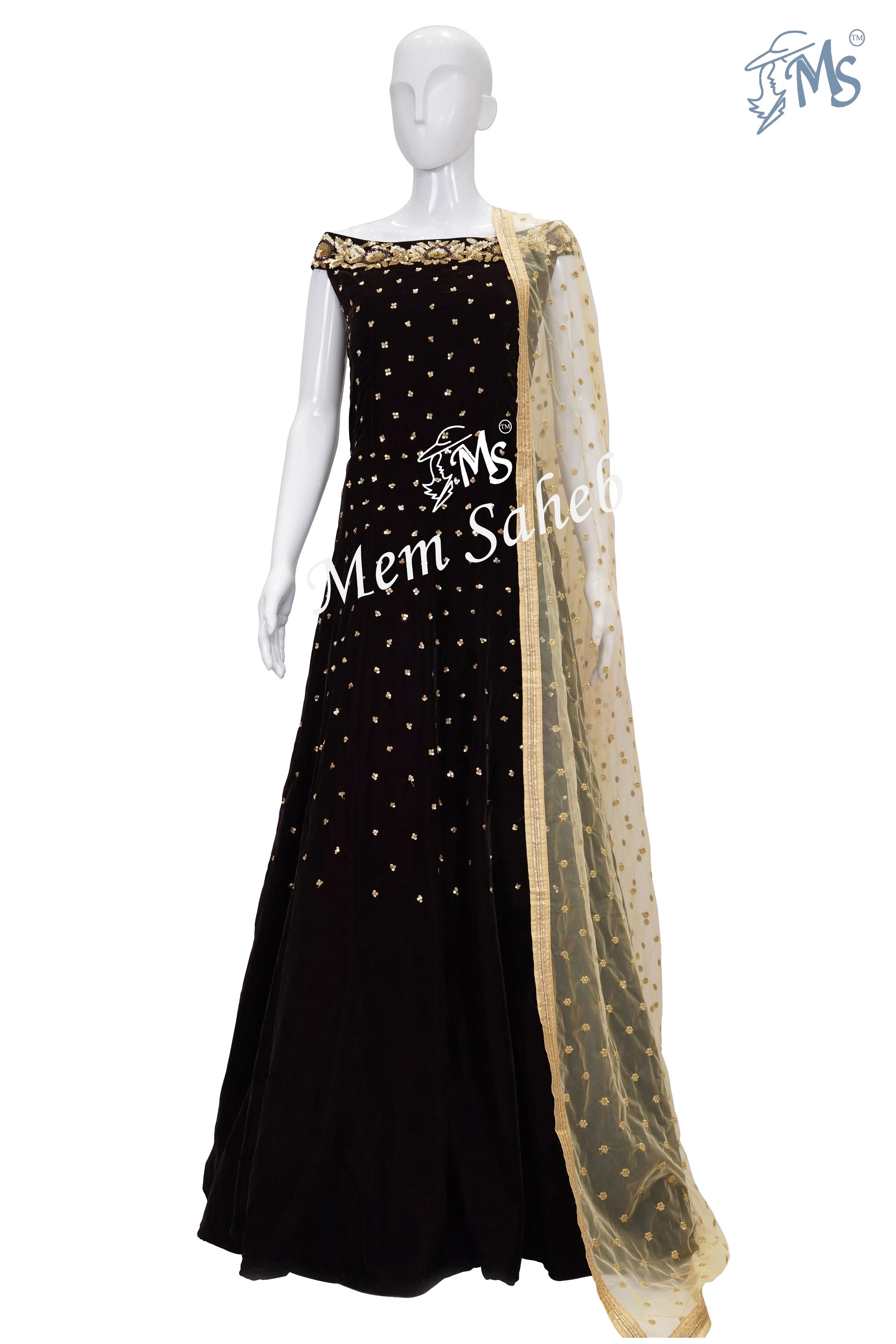 Gown Wine Velvet Off Shoulder with Contrast Fancy Gold Dupatta - MemSaheb Gown Wine Velvet Off Shoulder with Contrast Fancy Gold Dupatta - MemSaheb