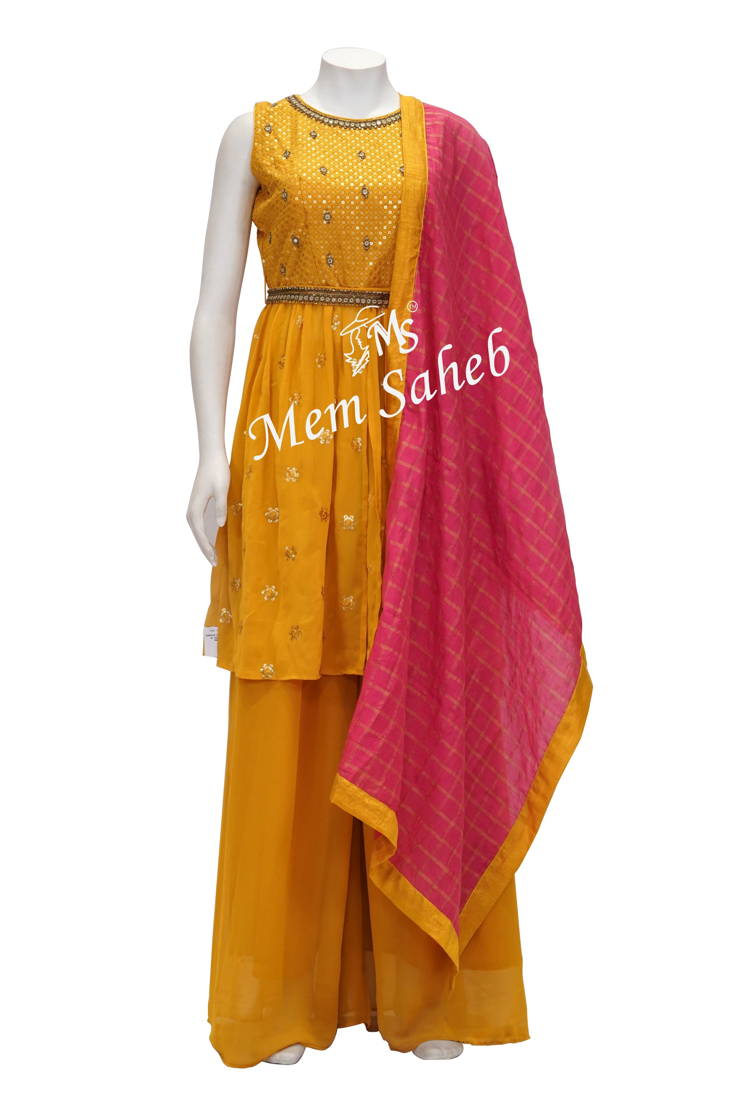 Indo Western Yellow Georgette Palazzo set with Contrast Pink Dupatta - MemSaheb Indo Western Yellow Georgette Palazzo set with Contrast Pink Dupatta - MemSaheb