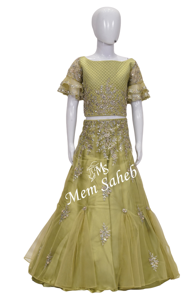 Kids Ghagra Choli Pista Green Nett Party wear with bell Sleeves