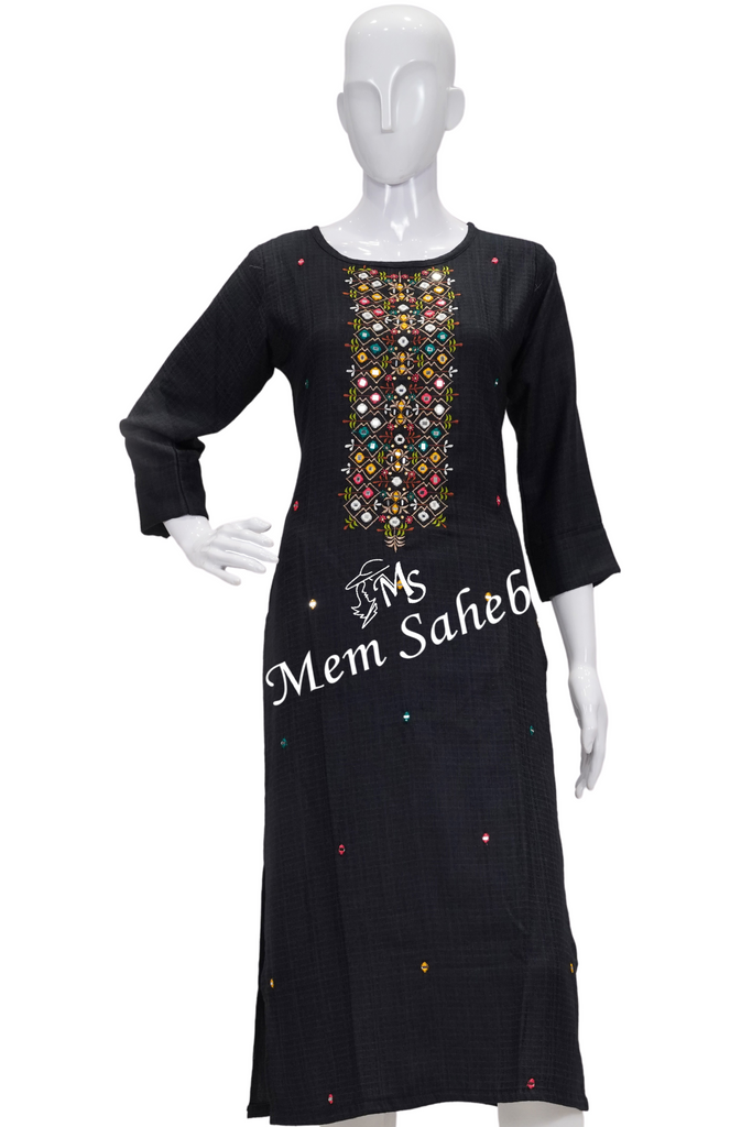 Kurti Dark Grey Silk with Three fourth Sleeves and Mirror Embroidery