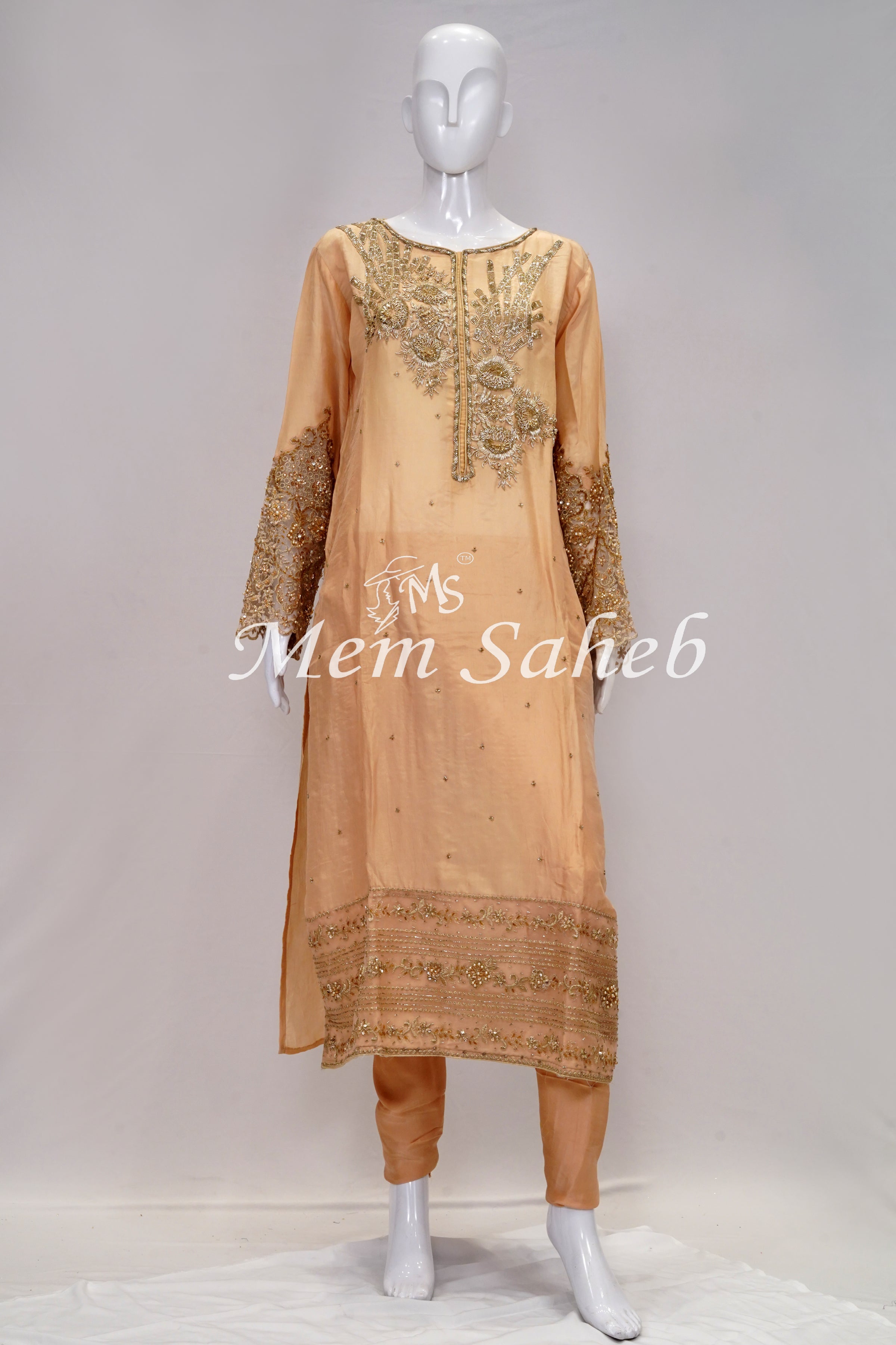 Dress Peach Silk with Designer Sleeves and Chiffon Dupatta - MemSaheb Dress Peach Silk with Designer Sleeves and Chiffon Dupatta - MemSaheb