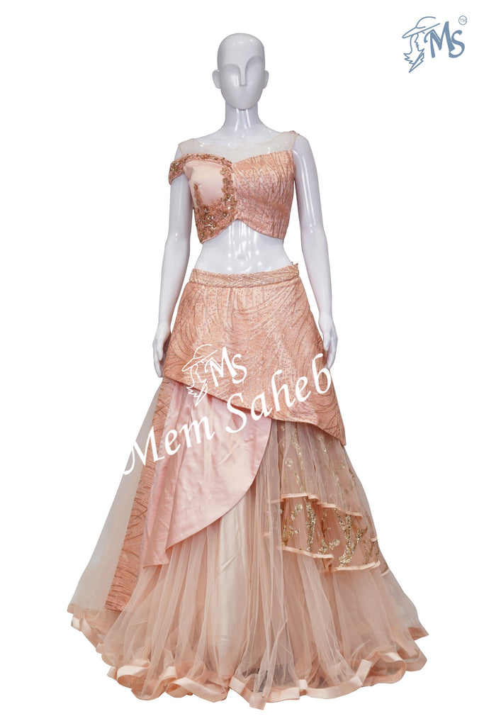 Crop Skirt Peach Nett with Designer Blouse and Multi Layer Skirt