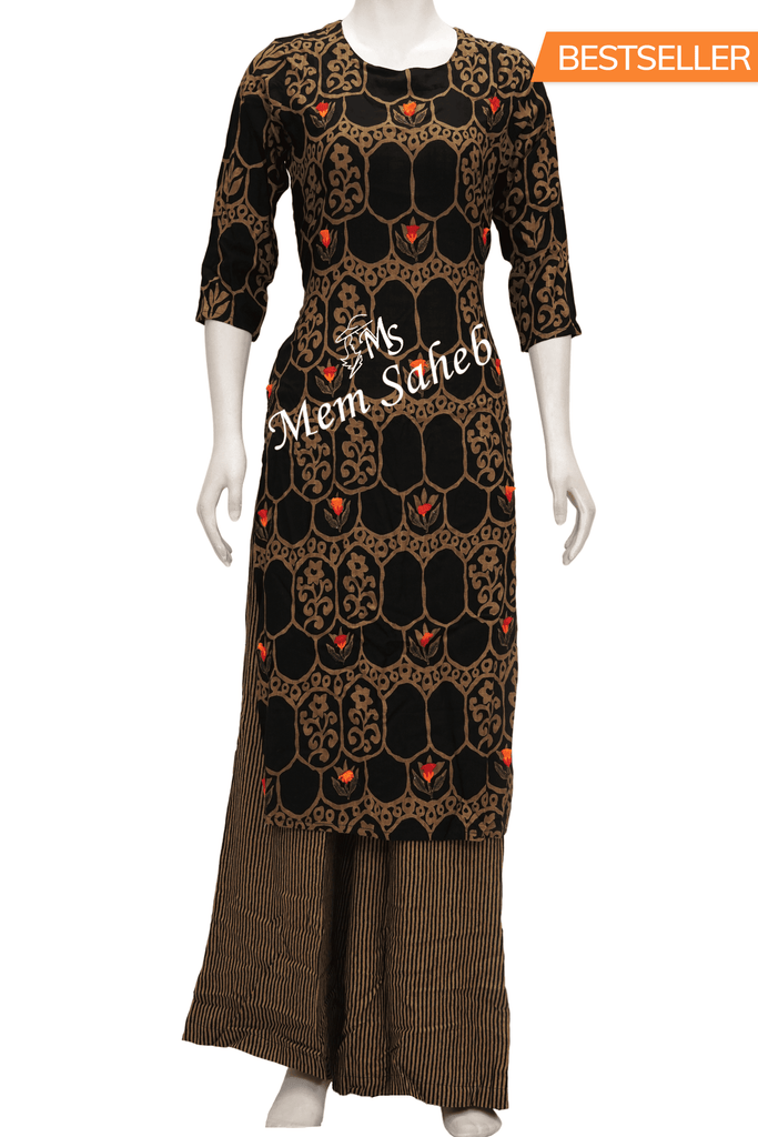 Kurti Set Black Rayon print with Multi Thread Embroidery and Palazzo