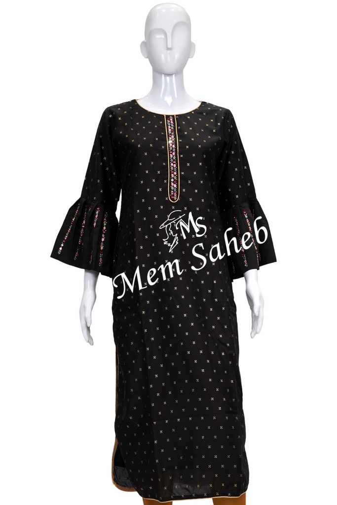 Kurti Black Silk with Mirror work on Designer Bell Sleeves