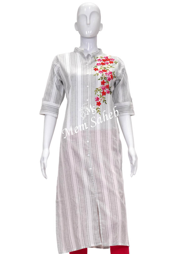 Kurti Cotton White and Grey Stripes with collar neck