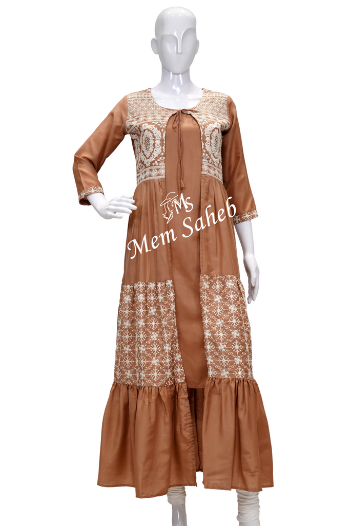 Kurti Onion Pink with Attach Jacket having chikankari work