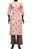 Kurti Set Peach Cotton Floral print Top with Contrast Palazzo