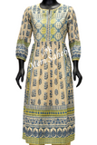Kurti Set Pista Green Frock Style Silk Top with Floral print and Gold Stripes Palazzo