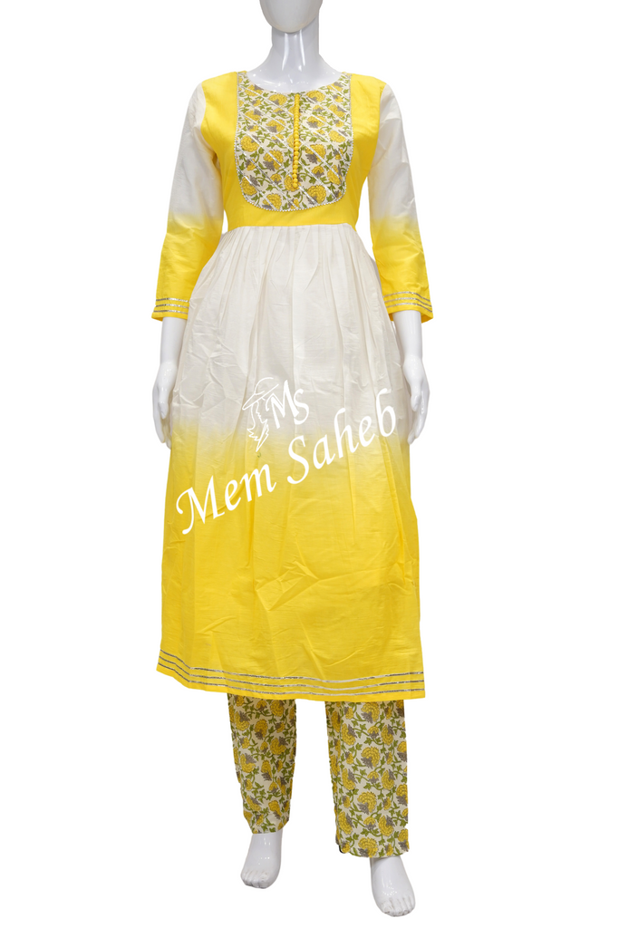 Kurti Set Yellow Shaded Top with Gota work and Cotton Block print Pant