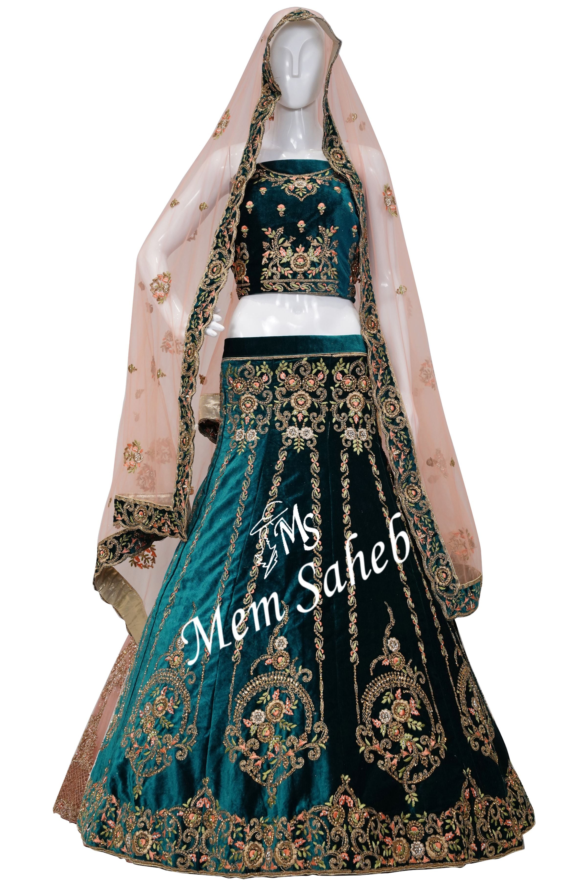 Lehenga Choli Peacock Green Velvet with Contrast Embroidery Dupatta - MemSaheb Lehenga Choli Peacock Green Velvet with Contrast Embroidery Dupatta - MemSaheb