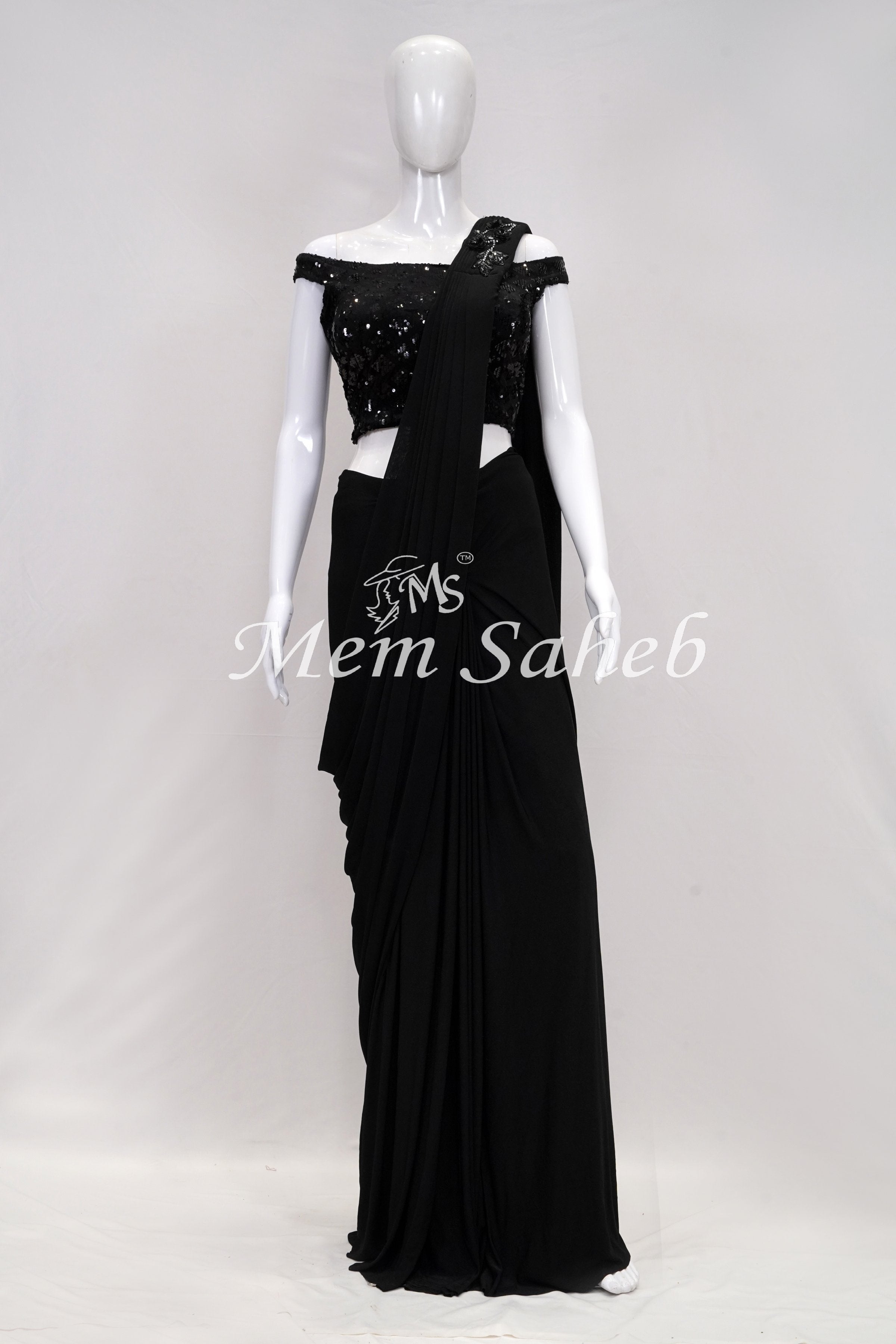 Saree One Minute Black with ready pleats and Designer Off Shoulder