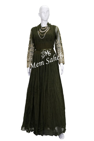 Anarkali Mehendi Green Georgette Floor Length Designer Sleeves Dress