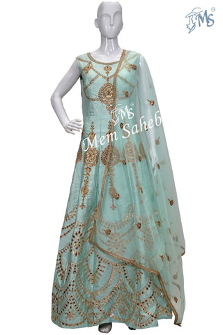 Anarkali Sea Green Gown style Raw Silk dress with Gota Cords and Sequin