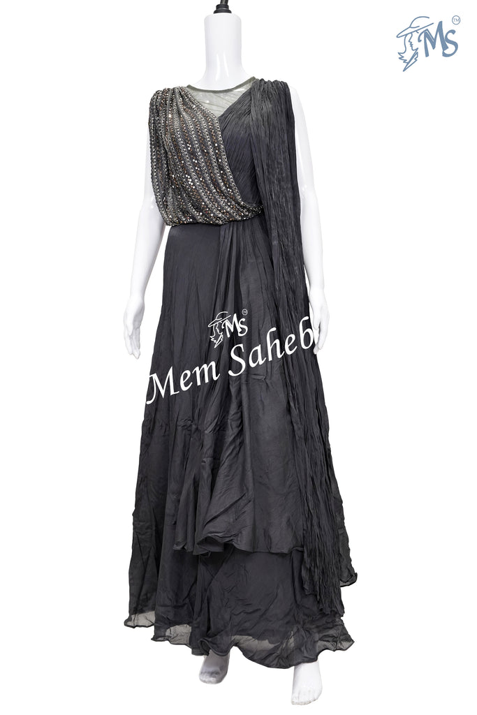 Anarkali Steel Grey Designer Wear with Cowl and Attach Dupatta