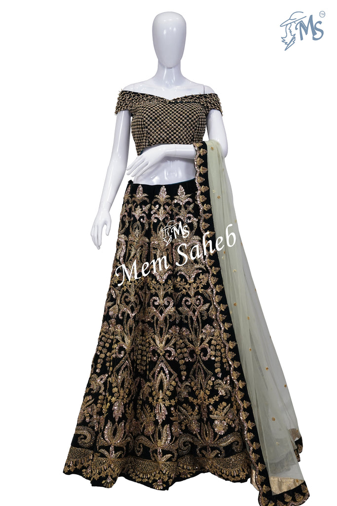 Bridal Ghagra Choli Green Velvet Blouse and Embroidery Lehenga and Net Dupatta