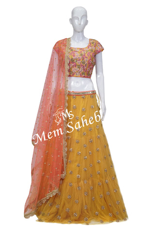Bridal Wear Ghagra Choli Mustard Colour Silk Blouse Net Skirt and Dupatta