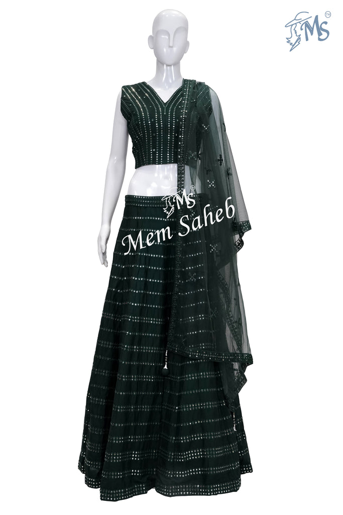 Crop Skirt Bottle Green Pure Georgette Mirror Work All Over