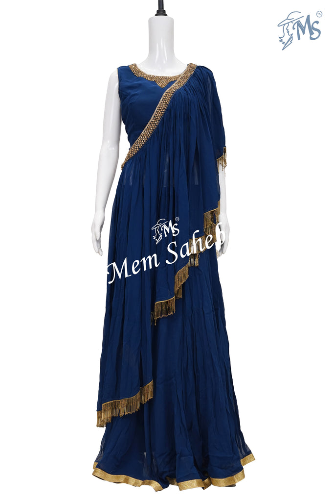 Crop Skirt Military Blue Georgette having Designer Dupatta with hangings