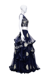Crop Skirt Navy Blue Designer Sheer Blouse and multi layered Skirt