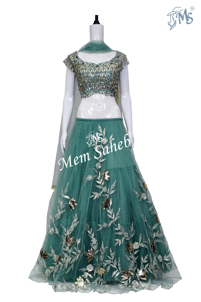 Crop Skirt Olive Green Designer Leather and Gota Work Blouse and Skirt