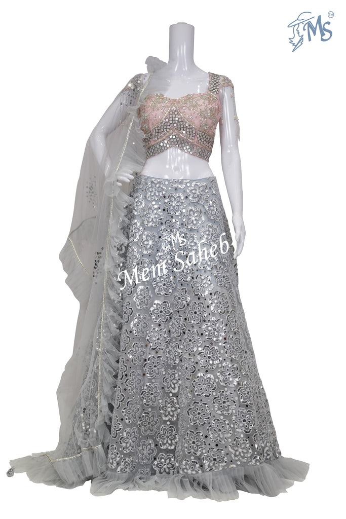 Crop Skirt Peach Mirror Blouse Grey Leather Work Skirt and Ruffle Dupatta