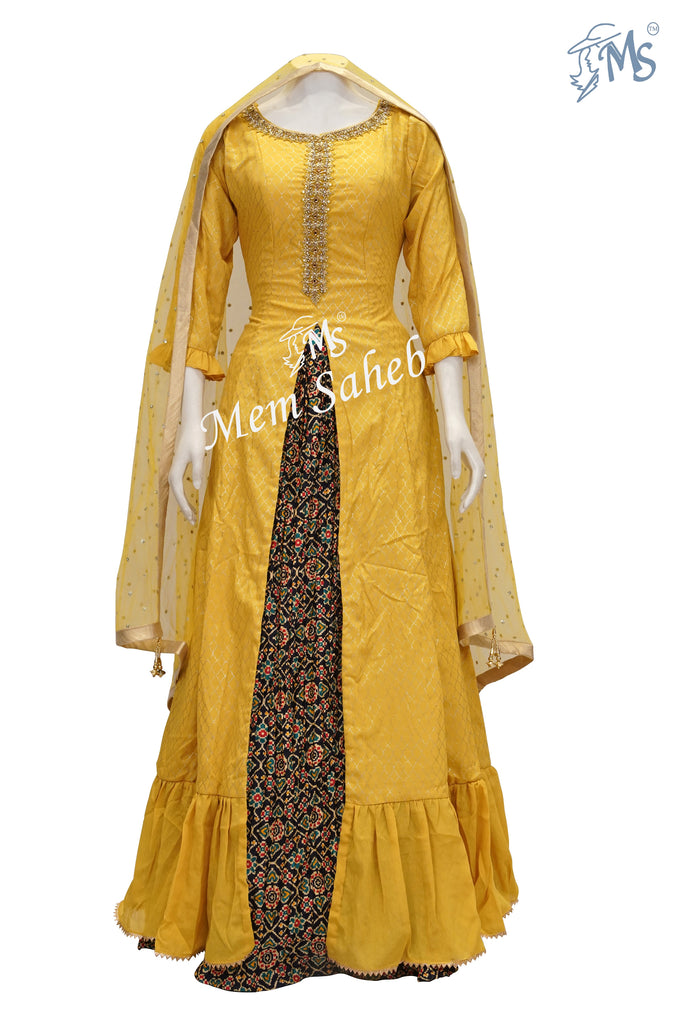 Crop Skirt Yellow Long jacket Blouse with Ikkat Print Skirt