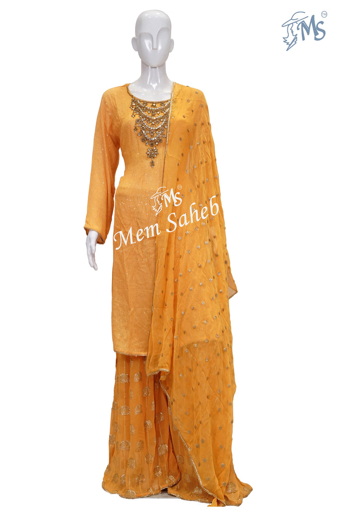 Dress Orange Sequin woven Top Unstitch with Palazzo Pant and Dupatta