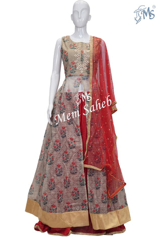 Ghagra Choli Cream Long Blouse Front open with Red Skirt and Net Dupatta