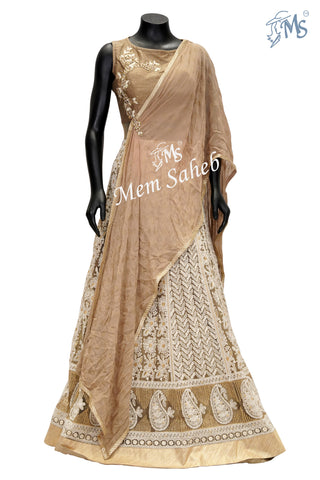 Gown Gold Colour Attach Dupatta with Hand and Chickan Work