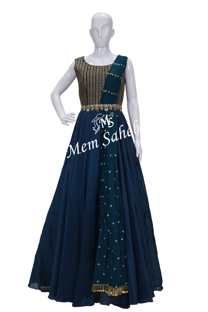 Gown Military Blue Floor Length with Designer Attach Dupatta - MemSaheb Gown Military Blue Floor Length with Designer Attach Dupatta - MemSaheb