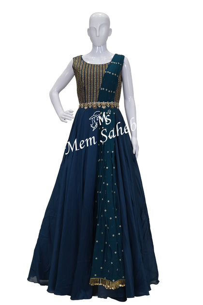 Gown Military Blue Floor Length with Designer Attach Dupatta