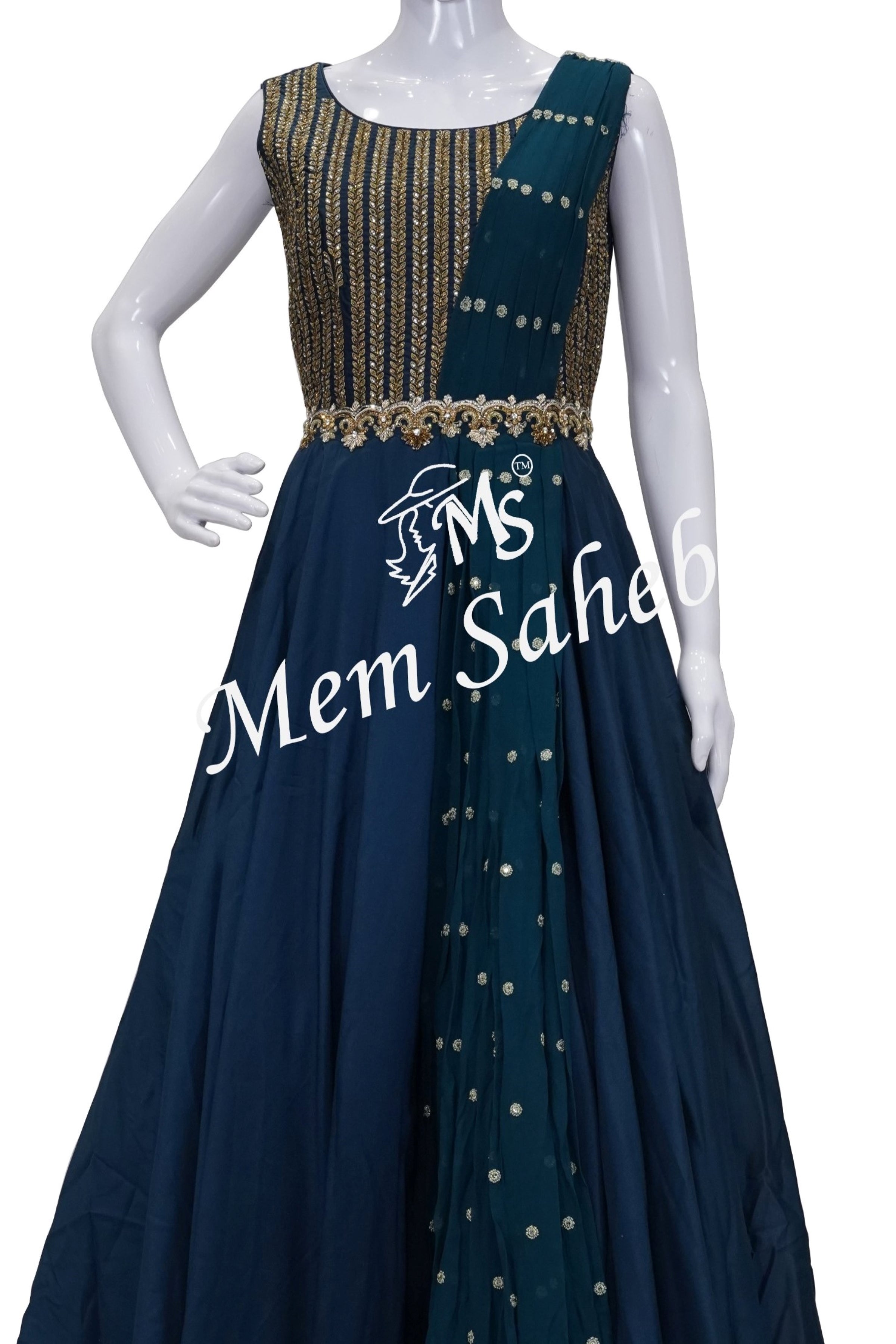 Blue & White Floral Print Ethnic Maxi Dress with Attached Dupatta
