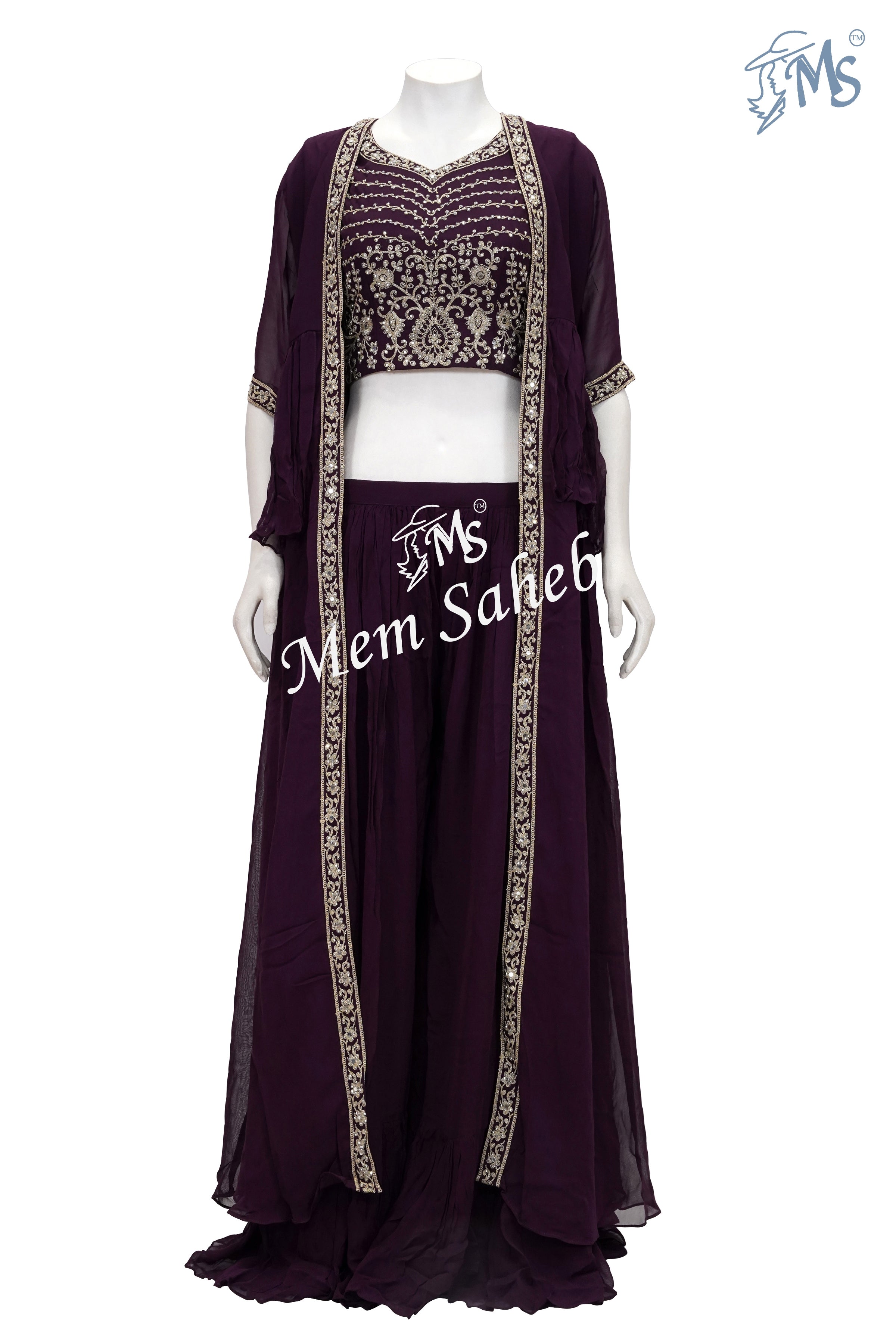 Indo Western Long Jacket with Embroidery Crop Top and Palazzo Pant