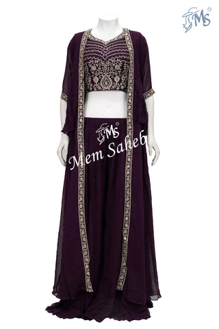 Indo Western Long Jacket with Embroidery Crop Top and Palazzo Pant