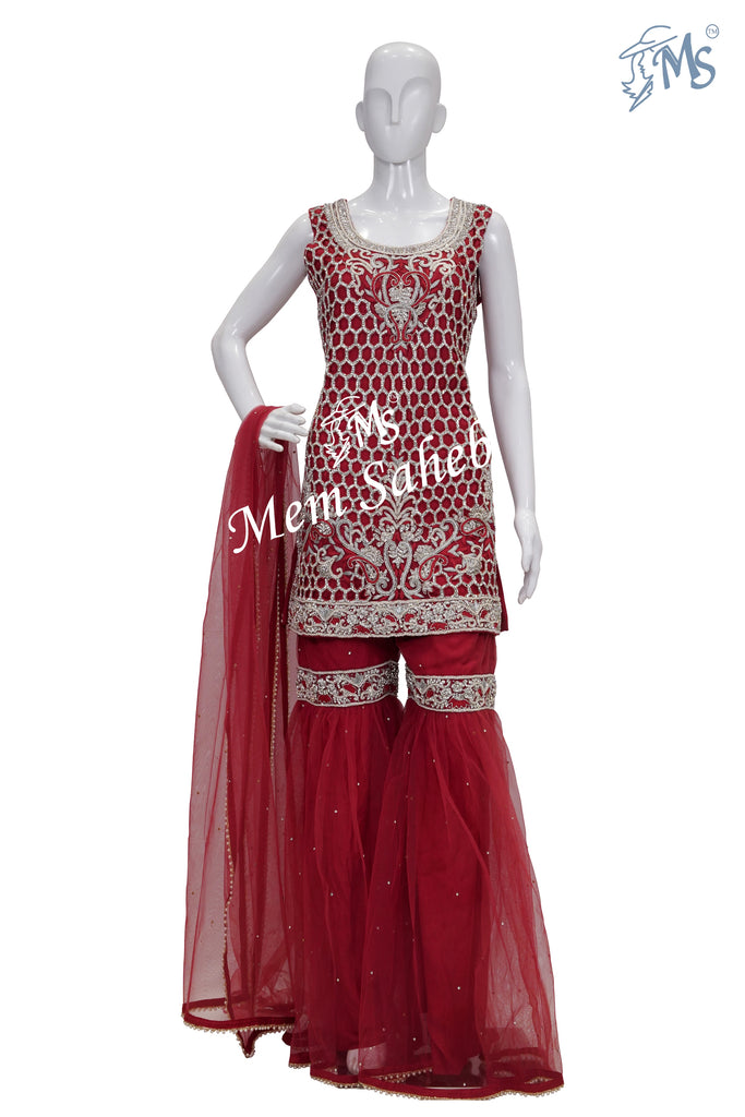 Indo Western Maroon Honeycomb Designer Top with Gharara Pant