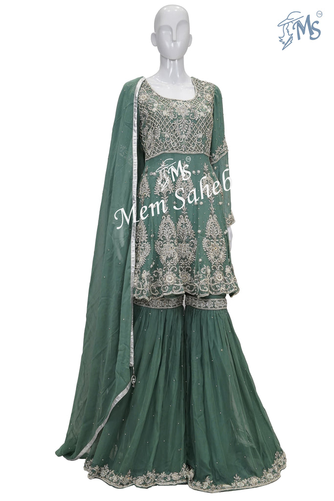 Indo Western Olive green Designer Frock Top Stone work and Gharara pant