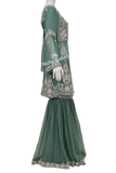 Indo Western Olive green Designer Frock Top Stone work and Gharara pant