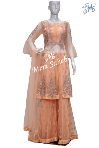 Indo Western Peach Bell Sleeves Embroidery Jacket and Gharara Pant