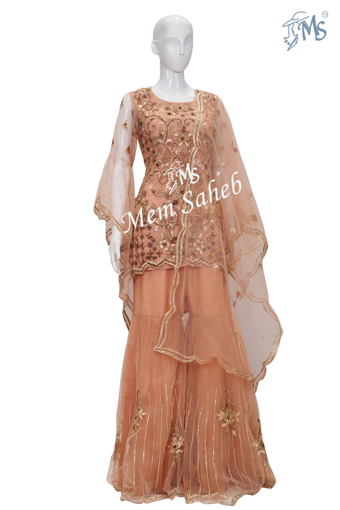 Indo Western Peach Party wear Top and Gharara with Stylish Dupatta