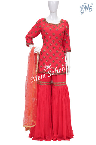 Indo Western Tomato Pink Pure Crape Short Top with Gharara Pant