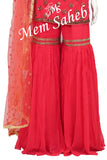 Indo Western Tomato Pink Pure Crape Short Top with Gharara Pant