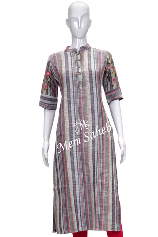 Kurti Cotton Grey with multi colour stripes and Embroidery Elbow Sleeves