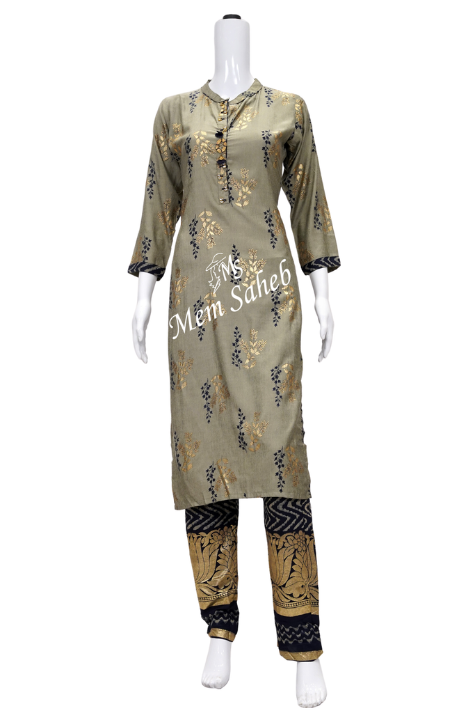 Kurti Set Ash Grey Silk Top With Gold print and Palazzo pant