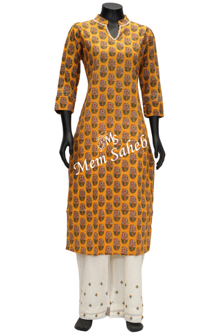 Kurti Set Cotton Mustard Floral print Top with Embroidery Palazzo