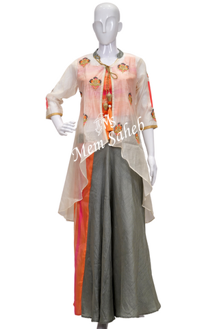 Kurti Set Multi color Silk Crop Top with Designer Jacket and Skirt