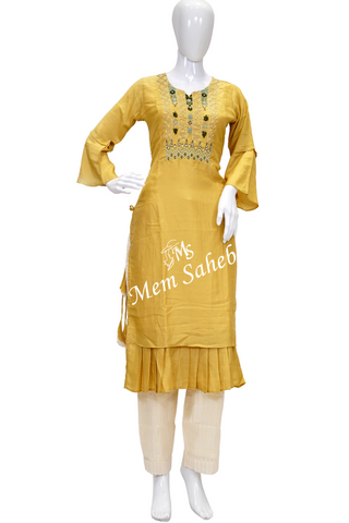 Kurti Set Mustard Silk Top with Bell Sleeves and Contrast Pant