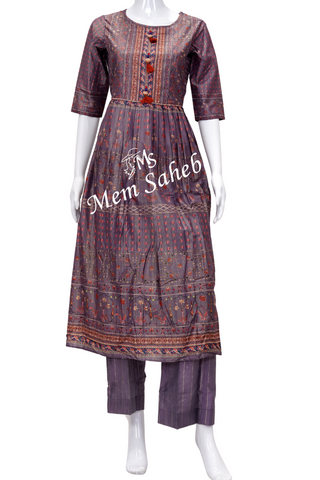 Kurti Set Purple Frock Style Silk Top with Floral print and Palazzo