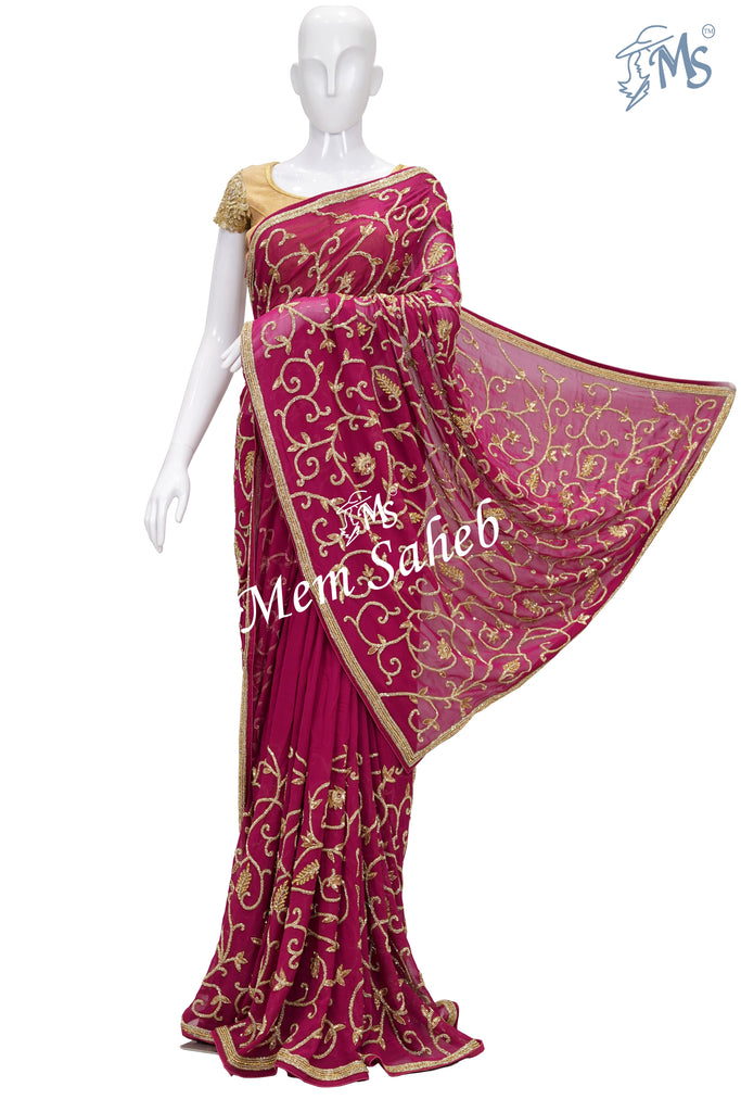 Saree Pure Georgette Magenta Colour Designer Hand Embroidery